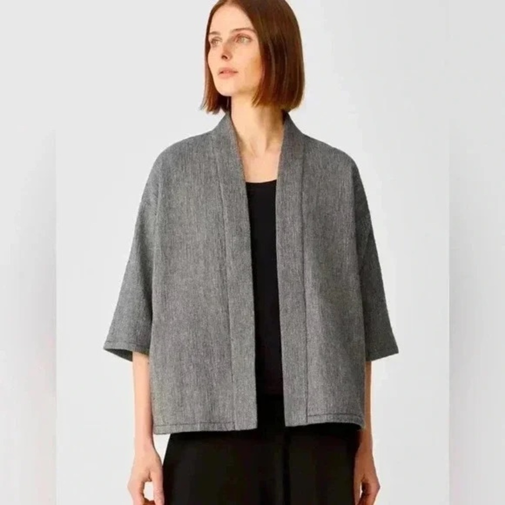 Eileen Fisher Striated Cotton Blend Open Front Gray Jacket Size Small